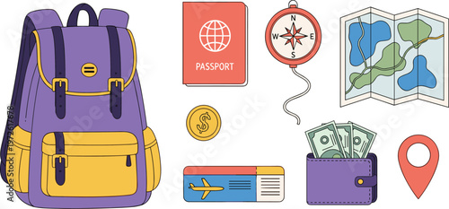 Travel Icon Set Featuring Backpack, Passport, Compass, Map, Ticket, Wallet, Money, Location Pin, and Adventure Essentials