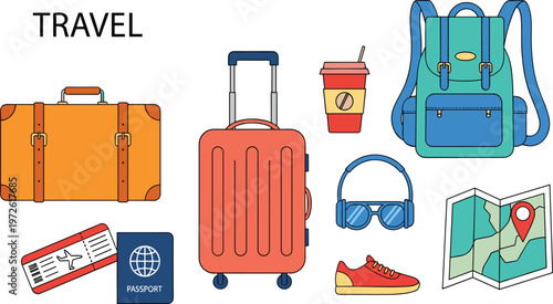 Travel Icon Set Featuring Suitcase, Backpack, Passport, Ticket, Coffee Cup, Headphones, Map, and Vacation Essentials