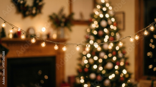 Festive Christmas Tree With Decoration and Lights In Cozy Living Room Photo
