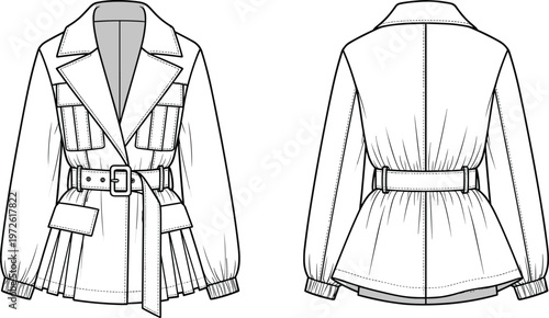 Women belted jacket technical flat sketch front and back view with pockets pleated detail fashion illustration template outerwear design