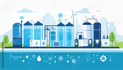Sustainable Water Treatment Plant Vector Illustration. Green Energy Powered Industrial Filtration Facility with Digital Technology and Smart Monitoring.