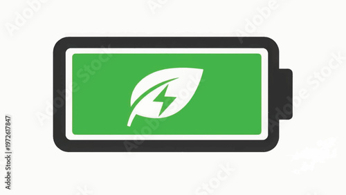 Fully Charged Green Battery with Leaf and Lightning Bolt. Sustainable Power and Eco Energy Storage Symbol.
