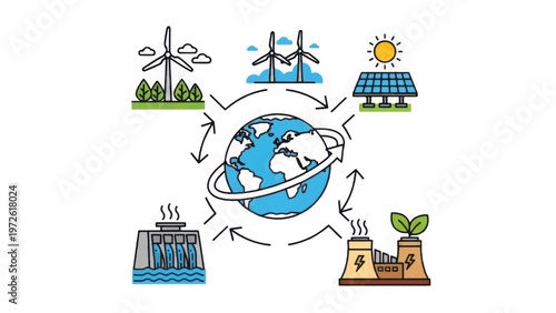 Global Renewable Energy Cycle Diagram. Sustainable Clean Power Sources Surrounding Earth: Wind, Solar, Hydro, Geothermal Icon Infographic.