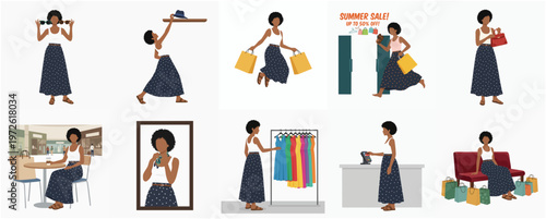 Diverse Flat Style Illustration of a Woman Shopping and Relaxing Activity Set