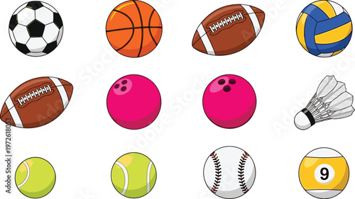 Sports Ball Icon Set Featuring Soccer, Basketball, American Football, Volleyball, Bowling Ball, Tennis Ball, Baseball, Shuttlecock, and Billiard Elements