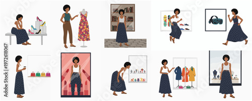 Flat Style Diverse Woman Shopping at Fashion Store Illustration
