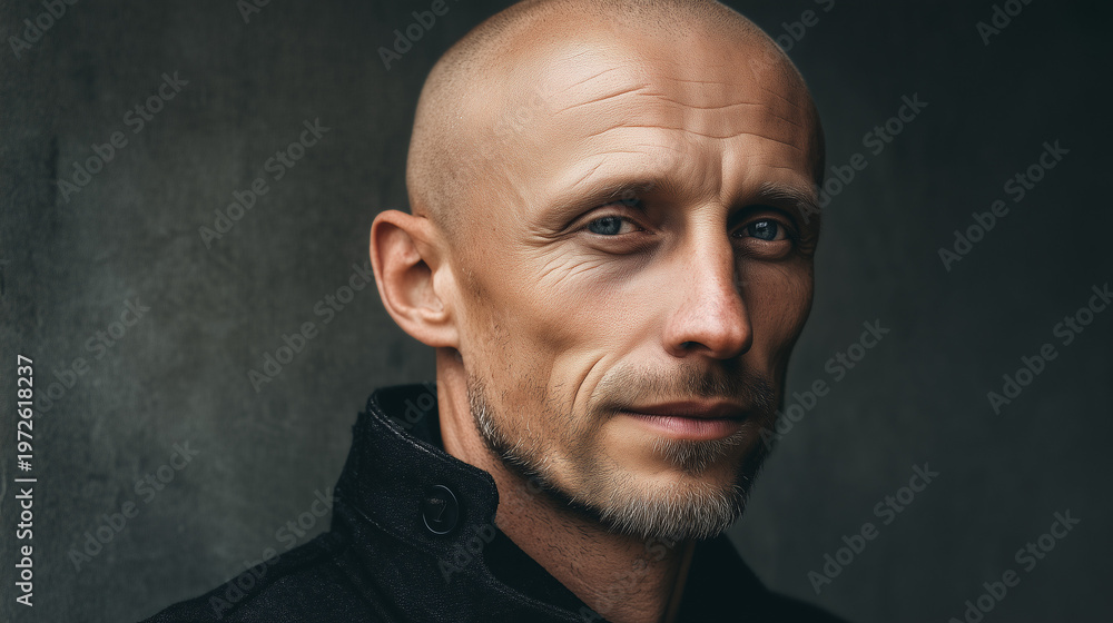 Obraz premium Bald man with a subtle smile in a studio portrait close-up