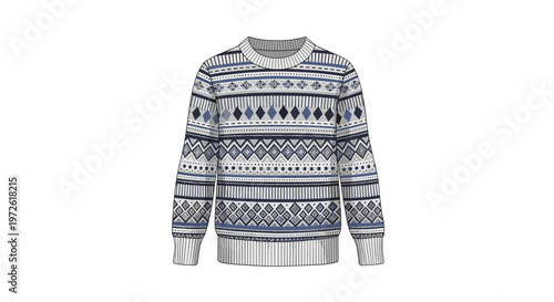 cozy winter sweater featuring blue and grey geometric patterns in a fair isle style is illustrated as a warm seasonal clothing item for men.