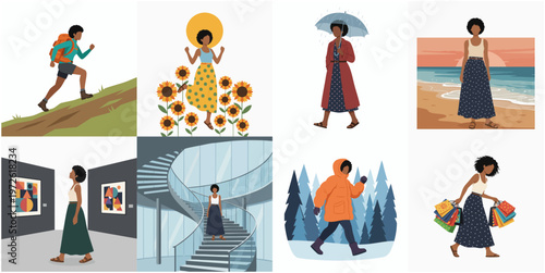 Flat Illustration Diverse Woman Lifestyle Activity Set Concept Design