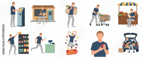 Cartoon Style Man in Different Grocery Shopping Activity Set Illustration