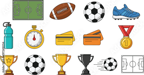 Sports Icon Set Featuring Soccer Football, Rugby Ball, Cleats, Stopwatch, Tickets, Medal, Trophy, Field, and Athletic Equipment Elements