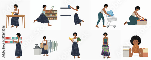 Flat Style Detailed Woman Character Buying and Organizing Variety of Goods Set