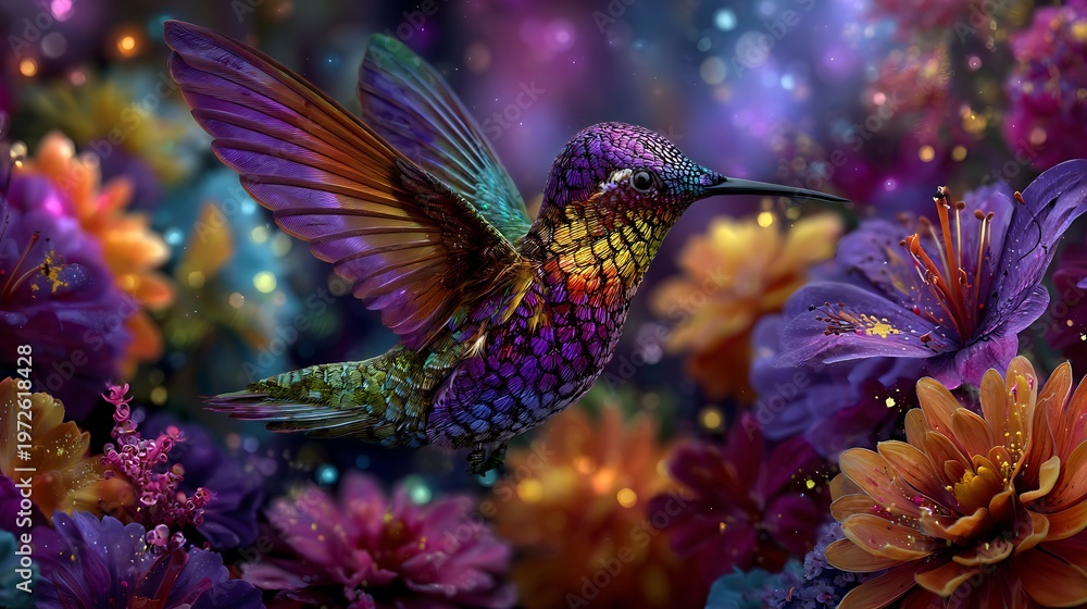 Fototapeta premium Iridescent hummingbird hovering among vibrant purple and orange flowers with glowing bokeh