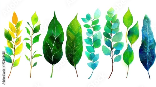 Collection of various botanical foliage rendered in vibrant watercolor style on a white background
