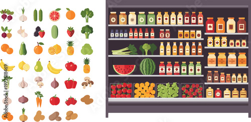 Fényképezés Grocery store shelf with fresh fruits and vegetables collection, organic food ma