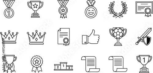 Line Award Icon Set Featuring Trophy, Medal, Certificate, Crown, Laurel Wreath, Podium, Scroll, Shield, and Achievement Symbols