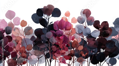 Clusters of stylized foliage present a vibrant yet muted color palette against a clean white background