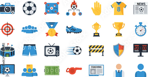 Soccer Football Icon Set Featuring Camera, Ball, Strategy, Medal, Cleats, Trophy, Stadium, Scoreboard, Coaching, and Sports Elements