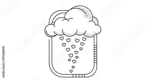 Stylized cloud raining numerous small hearts inside a rounded frame with decorative lines for romantic or whimsical weather concepts.