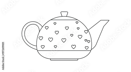 Simple black line drawing of a classic teapot decorated with numerous small heart patterns isolated on a white background for tea time themes.