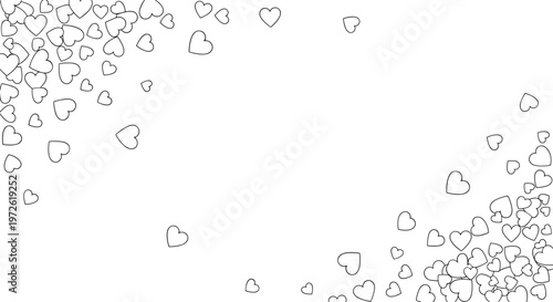 Pattern of numerous small black and white heart outlines scattered across a white background for romantic and festive background designs.