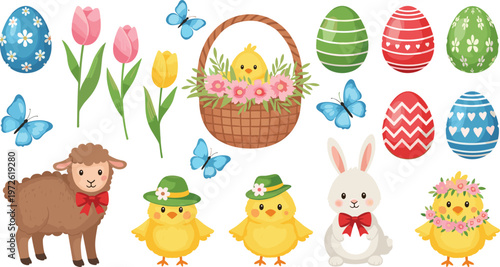 Cute Easter Spring Icon Set Featuring Bunny, Chicks, Lamb, Basket Eggs, Tulips, Butterflies, and Decorative Seasonal Elements