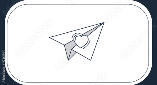 Simple line drawing of a paper airplane with a heart symbol on its wing inside a rounded frame on a dark background for love messages.