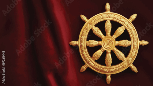 Dharma, golden wheel symbol of buddhist faith enlightenment wisdom, sacred spiritual icon, inspirational concept for advertising design.