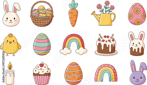 Cute Easter Icon Set Featuring Bunny, Chick, Basket Eggs, Rainbow, Cake, Cupcake, Candle, Watering Can, and Spring Decorative Elements