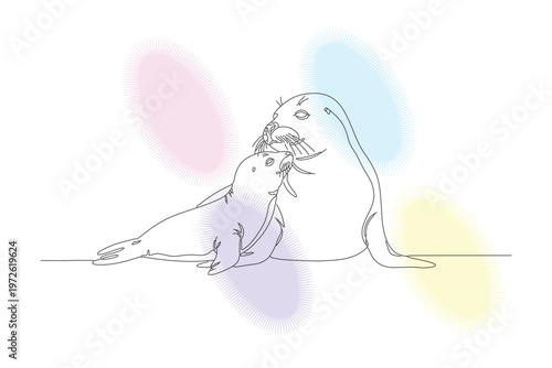 Continuous Line Drawing of a Walrus Mother and Calf, Minimalist Hand-Drawn Illustration with Pastel Background Colors, Affectionate Wildlife Art