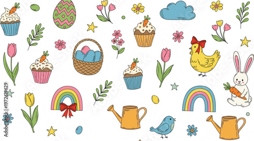 Hand Drawn Easter Spring Icon Set Featuring Bunny, Chick, Rainbow, Cupcakes, Basket Eggs, Flowers, Watering Can, and Cute Decorative Elements