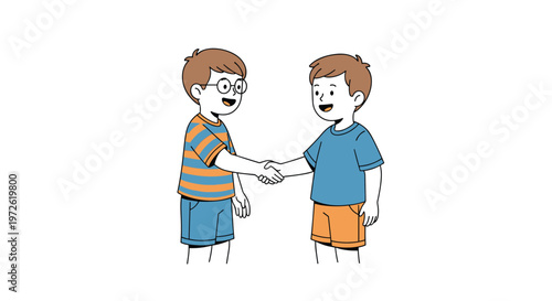 Two young boys shake hands while smiling warmly at each other in this friendly and polite social interaction illustration.