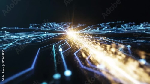 Conceptual illustration of digital information transfer along glowing pathways, depicting advanced technology and interconnected global communication networks