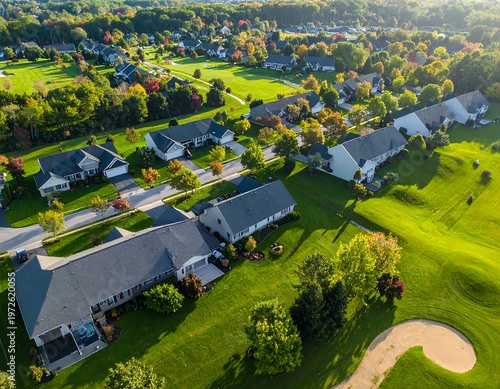 Aerial View of Suburban Neighborhood with Golf Course.