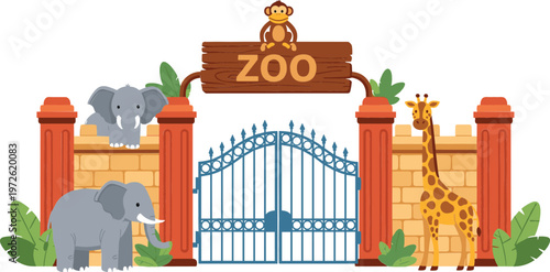 Zoo entrance gate with animals, elephant and giraffe, family attraction park concept, cute cartoon vector illustration for kids design