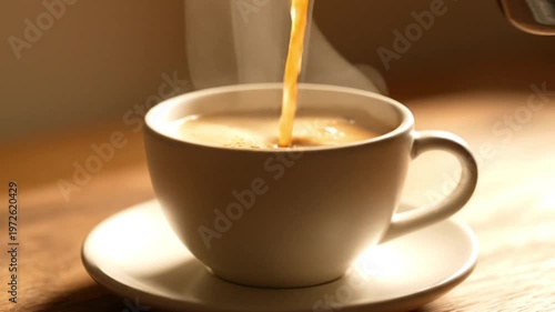 Hot beverage being poured into a mug on a saucer with steam rising, close-up shot