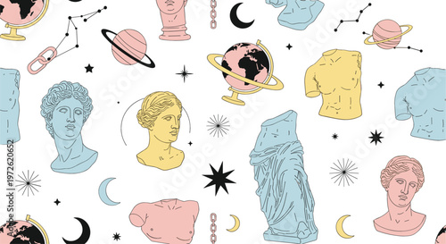 Seamless pattern with classical sculptures, planets and stars, artistic vintage background inspired by ancient art and cosmic elements vector illustration