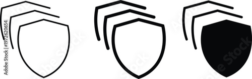 flat outline and solid shield icons with layered stacked effect in thin medium and bold styles representing protection security defense and cybersecurity