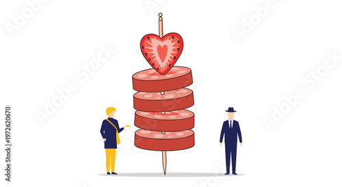 Surreal scene depicts a giant skewer of salami and a heart shaped strawberry attended by two tiny business figures.