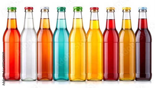 Assortment of Colorful Glass Bottles Filled with Various Beverages.