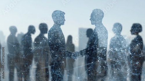 Business professionals shaking hands with network connections overlay