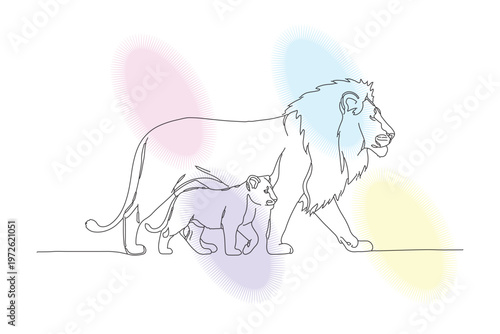 Elegant continuous line drawing of a majestic lion with its adorable calf, showcasing a tender moment of parental love and connection in a minimalist style.