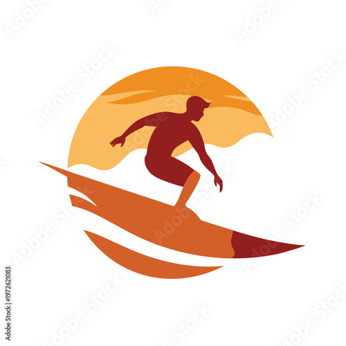 Surfer silhouette riding big wave on sunset background for surf shop brand and sports logo
