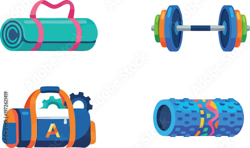 Gym Equipment Vector Set with Yoga Mat Barbell Sports Bag and Foam Roller