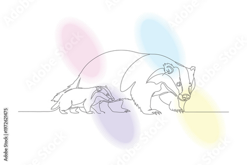 Elegant continuous line drawing of a mother badger and calf, showcasing maternal love and connection in a minimalist style.