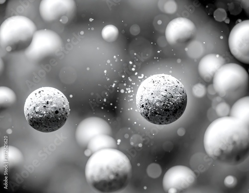 Abstract Spheres Floating in Space with Tiny Particles.