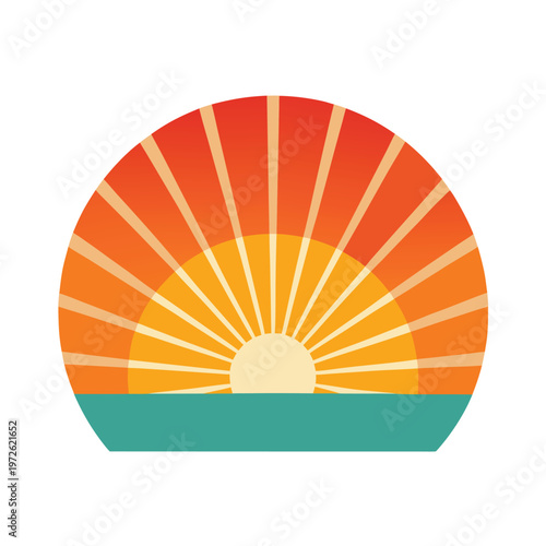 Sunset over ocean with sun rays, beach horizon, calm sea, summer evening, stylized landscape, semicircle