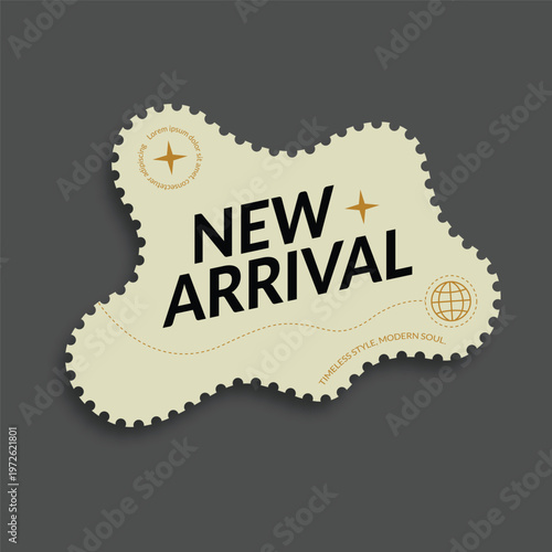 A beige jagged edged label announces a new arrival with bold text and subtle graphics