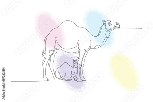 Elegant continuous line drawing of a mother camel and calf, showcasing love and connection in a minimalist, hand-drawn style.