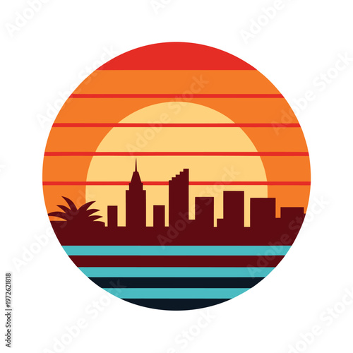Retro sunset city skyline silhouette with palm trees and ocean waves in circular frame